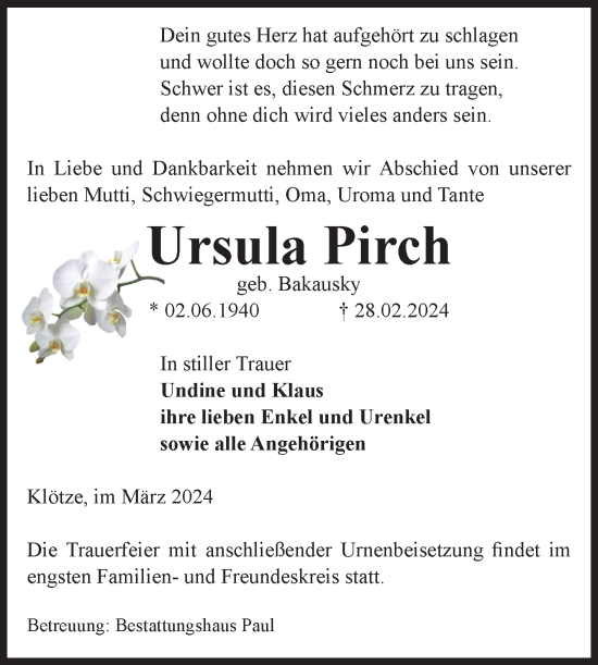 Traueranzeige von Ursula Pirch von Volksstimme Altmark West