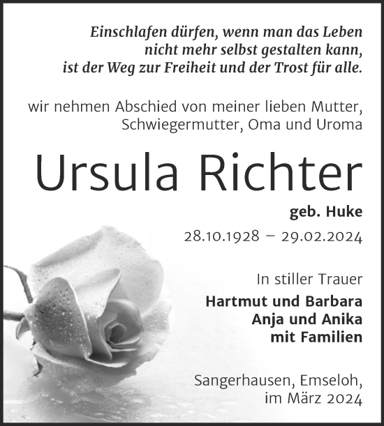 Traueranzeige von Ursula Richter von Trauerkombi Sangerhausen