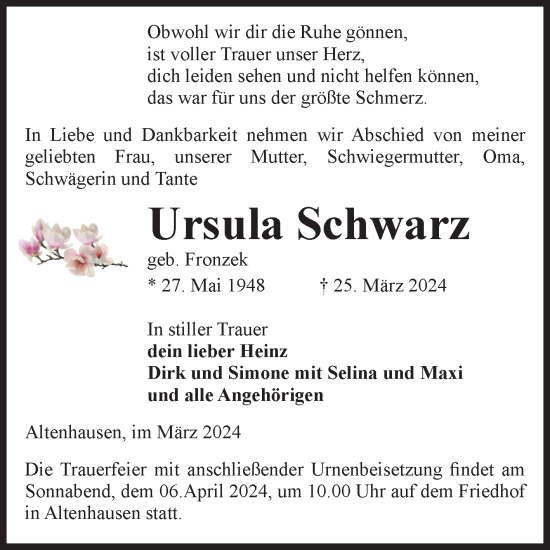 Traueranzeige von Ursula Schwarz von Volksstimme Haldensleben/Wolmirstedt