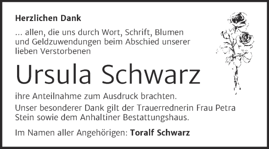 Traueranzeige von Ursula Schwarz von Trauerkombi Dessau