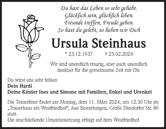 Traueranzeige von Ursula Steinhaus von Volksstimme Magdeburg