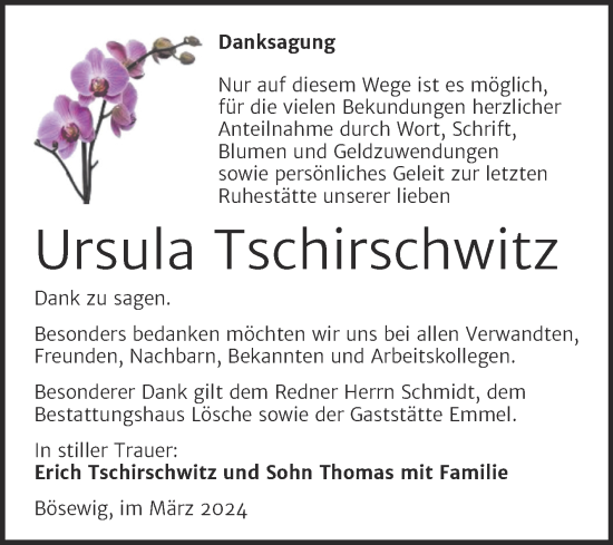 Traueranzeige von Ursula Tschirschwitz von Trauerkombi Wittenberg