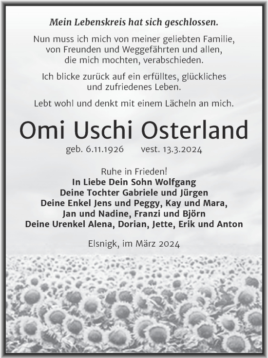 Traueranzeige von Uschi Osterland von Trauerkombi Köthen