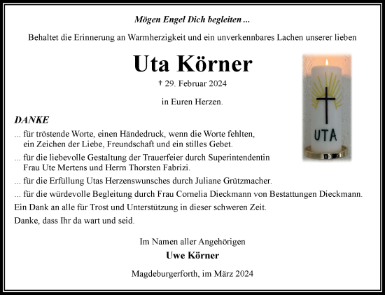Traueranzeige von Uta Körner von Volksstimme Burg/Genthin