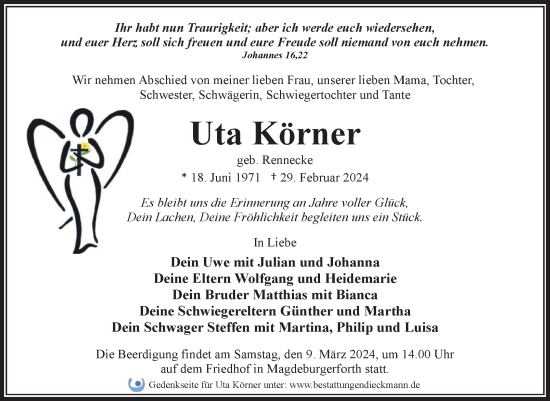 Traueranzeige von Uta Körner von Volksstimme Magdeburg