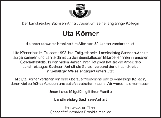 Traueranzeige von Uta Körner von Volksstimme Burg/Genthin