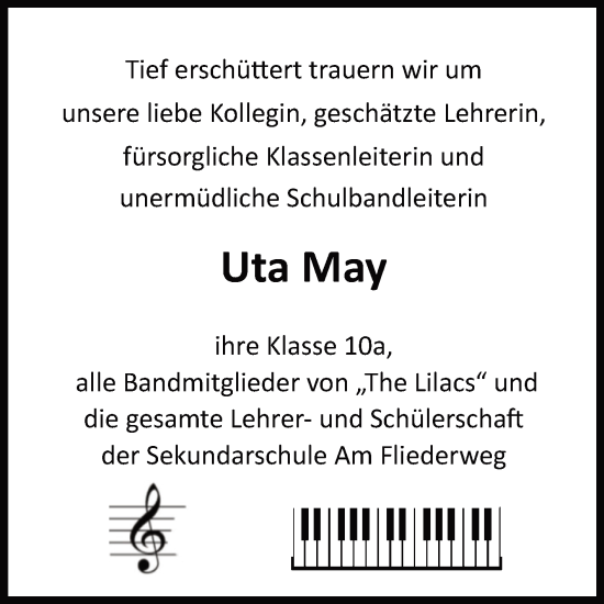 Traueranzeige von Uta May von Mitteldeutsche Zeitung Halle/Saalkreis