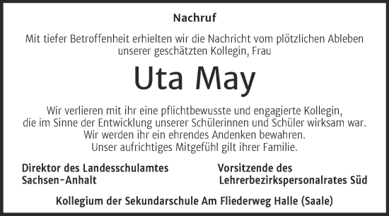 Traueranzeige von Uta May von Mitteldeutsche Zeitung Halle/Saalkreis