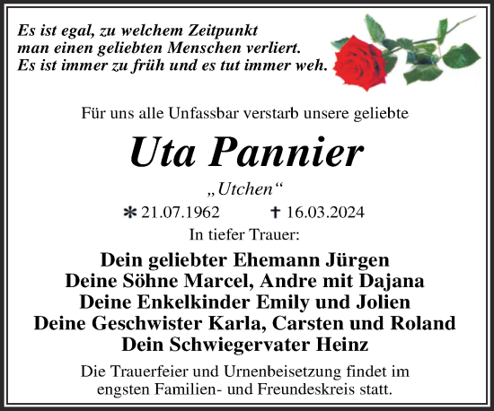 Traueranzeige von Uta Pannier von Trauerkombi Wittenberg