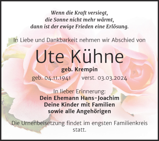 Traueranzeige von Ute Kühne von Trauerkombi Weißenfels