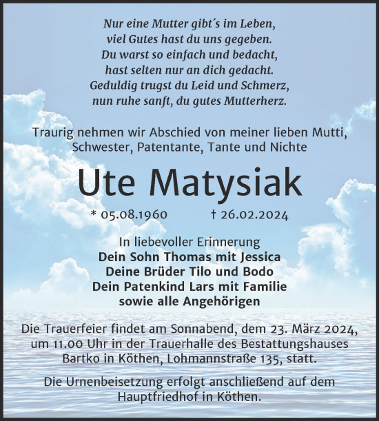Traueranzeige von Ute Matysiak von Trauerkombi Köthen