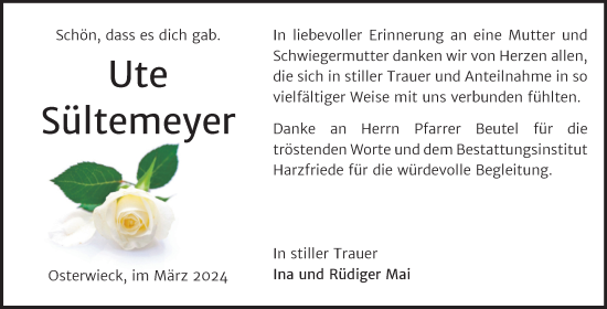 Traueranzeige von Ute Sültemeyer von Volksstimme Halberstadt