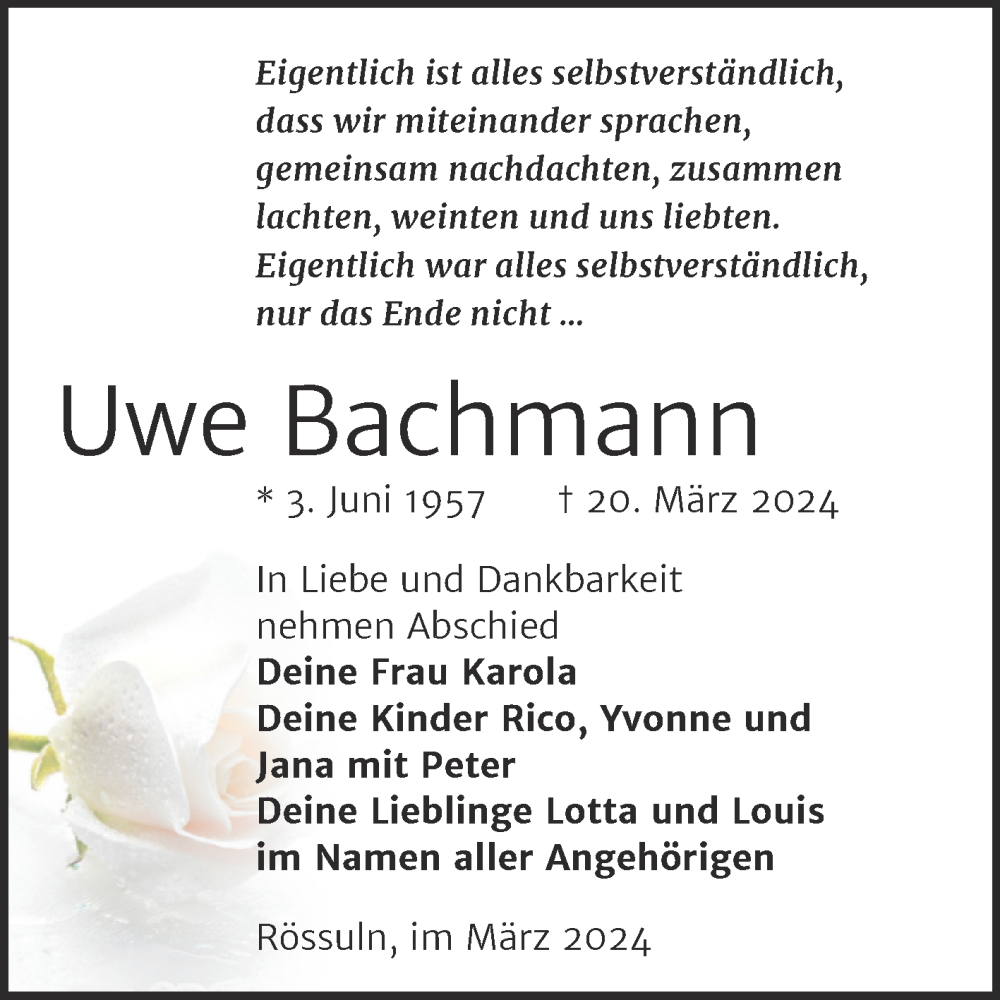  Traueranzeige für Uwe Bachmann vom 30.03.2024 aus Trauerkombi Weißenfels