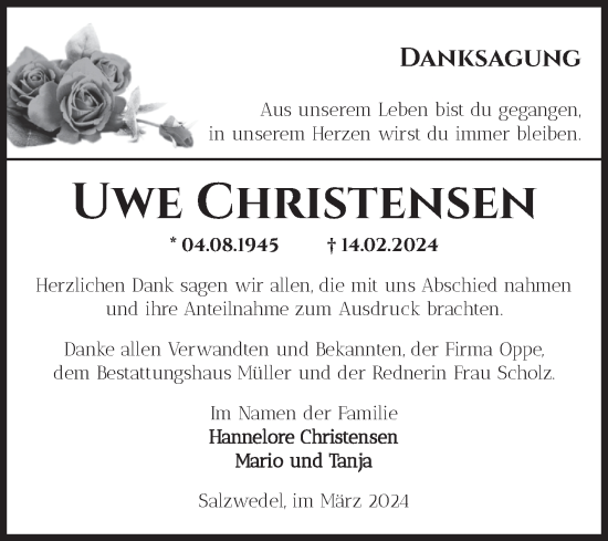 Traueranzeige von Uwe Christensen von Volksstimme Altmark West