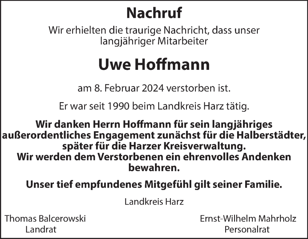  Traueranzeige für Uwe Hoffmann vom 02.03.2024 aus Volksstimme Halberstadt