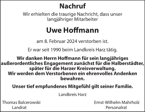 Traueranzeige von Uwe Hoffmann von Volksstimme Halberstadt