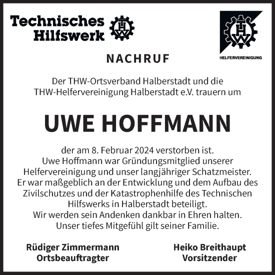 Traueranzeige von Uwe Hoffmann von Volksstimme Halberstadt