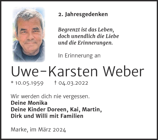 Traueranzeige von Uwe-Karsten Weber von Trauerkombi Bitterfeld