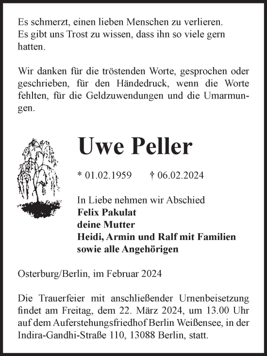 Traueranzeige von Uwe Peller von Volksstimme Altmark Ost