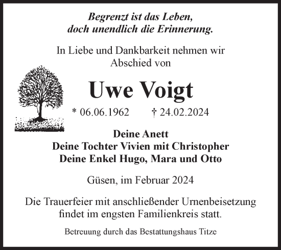 Traueranzeige von Uwe Voigt von Volksstimme Burg/Genthin