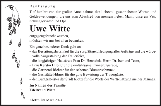 Traueranzeige von Uwe Witte von Volksstimme Altmark West