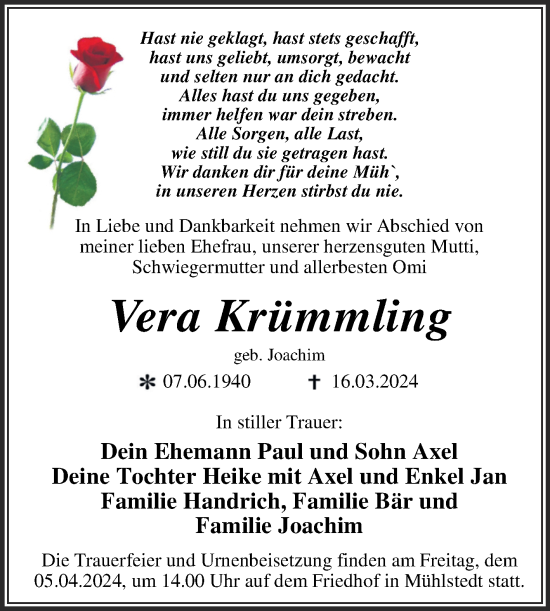 Traueranzeige von Vera Krümmling von Trauerkombi Dessau