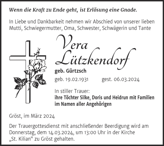 Traueranzeige von Vera Lützkendorf von Mitteldeutsche Zeitung Merseburg/Querfurt