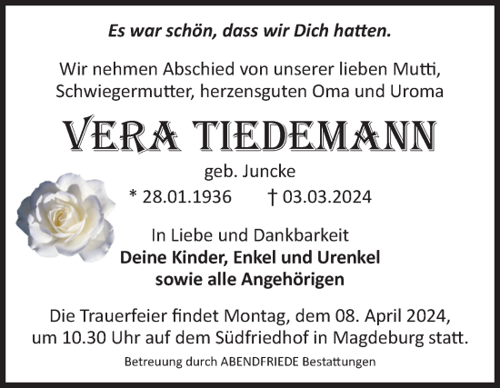 Traueranzeige von Vera  Tiedemann von Volksstimme Magdeburg