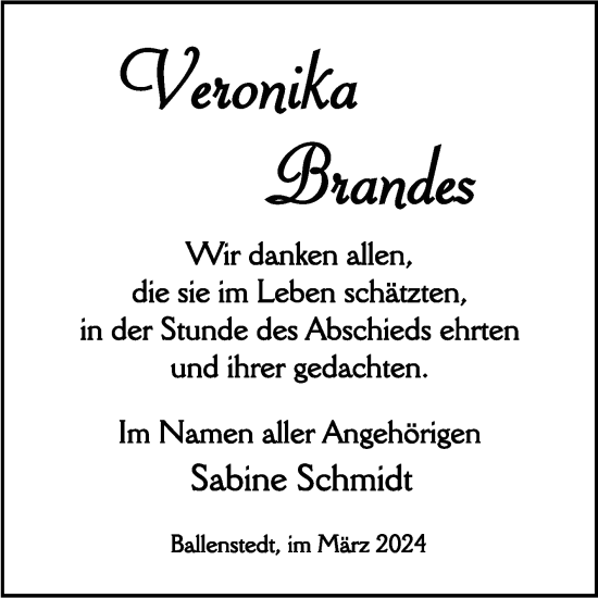Traueranzeige von Veronika Brandes von Trauerkombi Quedlinburg
