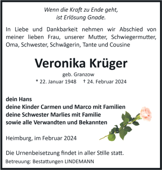 Traueranzeige von Veronika Krüger von Volksstimme Wernigerode