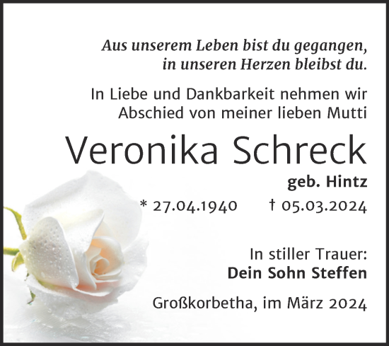 Traueranzeige von Veronika Schreck von Trauerkombi Weißenfels