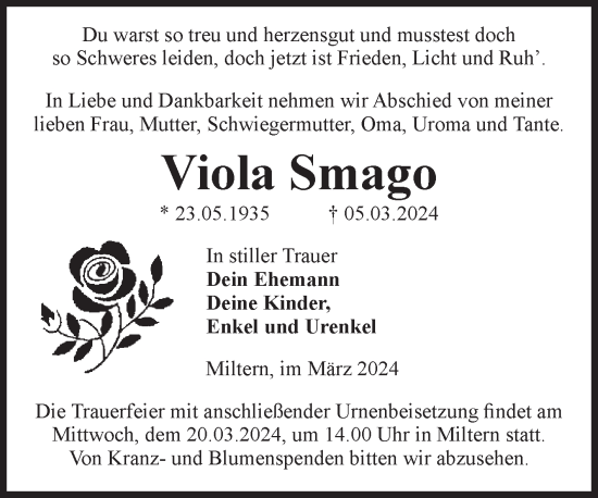 Traueranzeige von Viola Smago von Volksstimme Altmark Ost