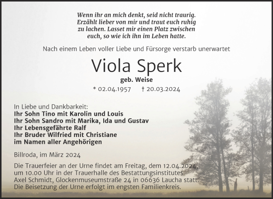 Traueranzeige von Viola Sperk von Naumburger Tageblatt