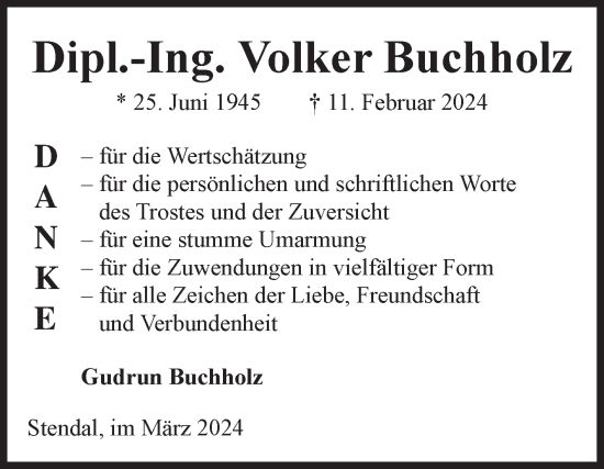Traueranzeige von Volker Buchholz von Volksstimme Altmark Ost