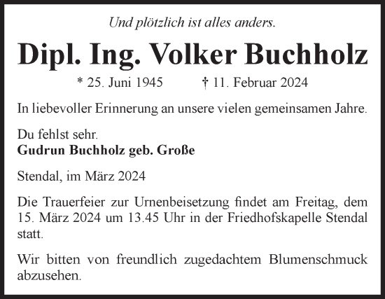 Traueranzeige von Volker Buchholz von Volksstimme Altmark Ost