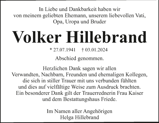 Traueranzeige von Volker Hillebrand von Mitteldeutsche Zeitung Dessau-Roßlau