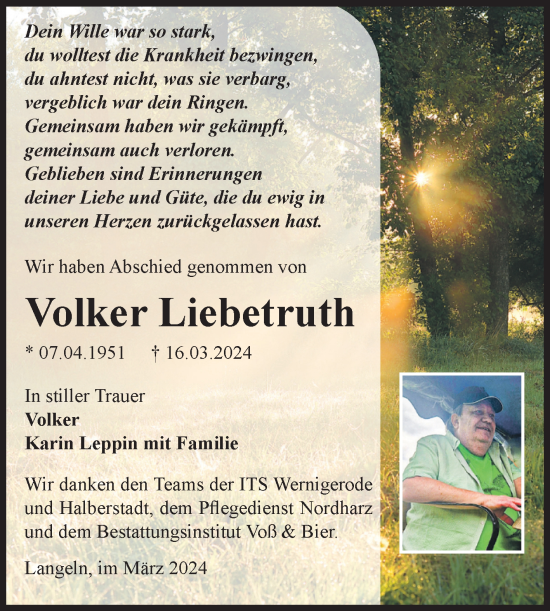 Traueranzeige von Volker Liebetruth von Volksstimme Wernigerode