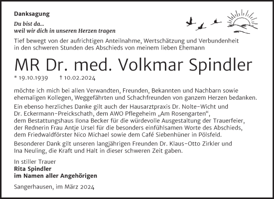 Traueranzeige von Volkmar Spindler von Trauerkombi Sangerhausen