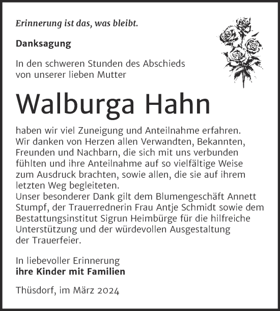Traueranzeige von Walburga Hahn von Super Sonntag Naumburg/Nebra