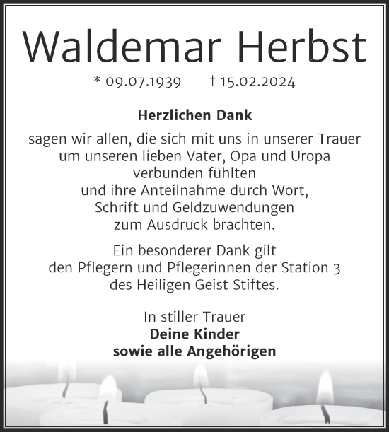 Traueranzeige von Waldemar Herbst von Trauerkombi Mansfelder Land