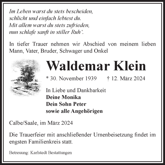 Traueranzeige von Waldemar Klein von Volksstimme Schönebeck