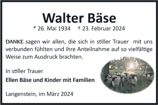Traueranzeige von Walter Bäse von Volksstimme Halberstadt