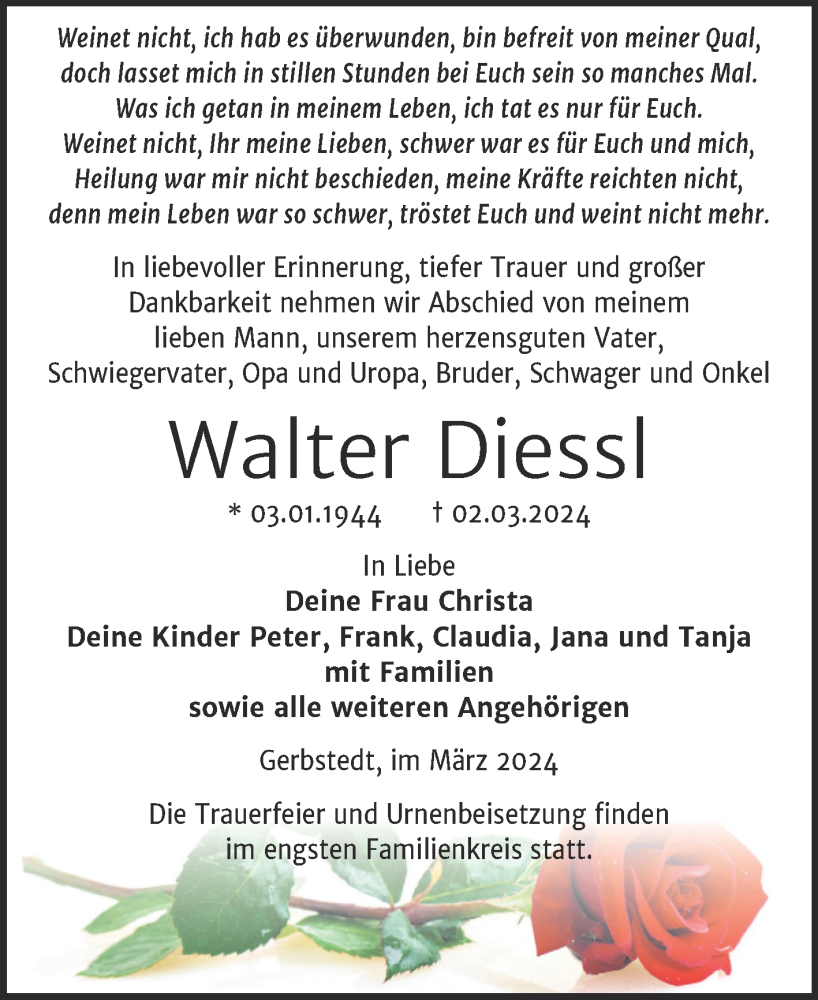  Traueranzeige für Walter Diessl vom 08.03.2024 aus Trauerkombi Mansfelder Land