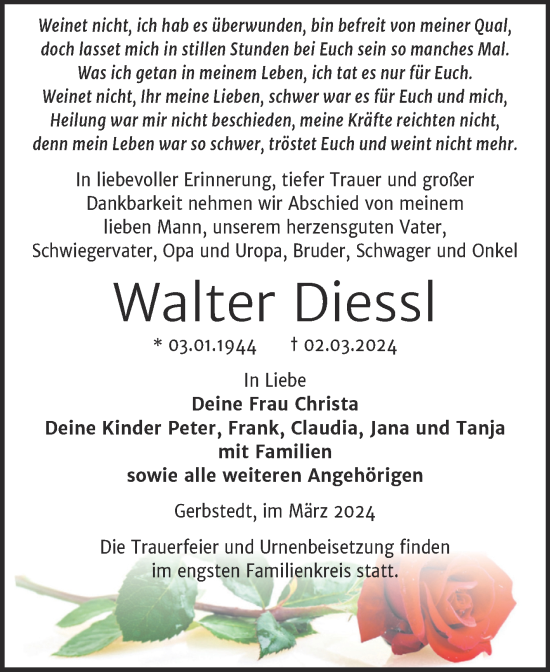 Traueranzeige von Walter Diessl von Trauerkombi Mansfelder Land