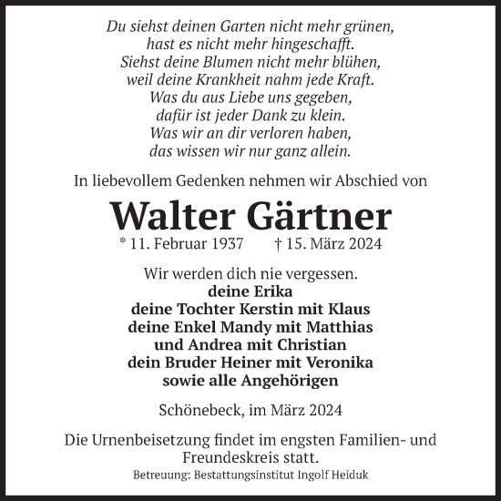 Traueranzeige von Walter Gärtner von Volksstimme Schönebeck