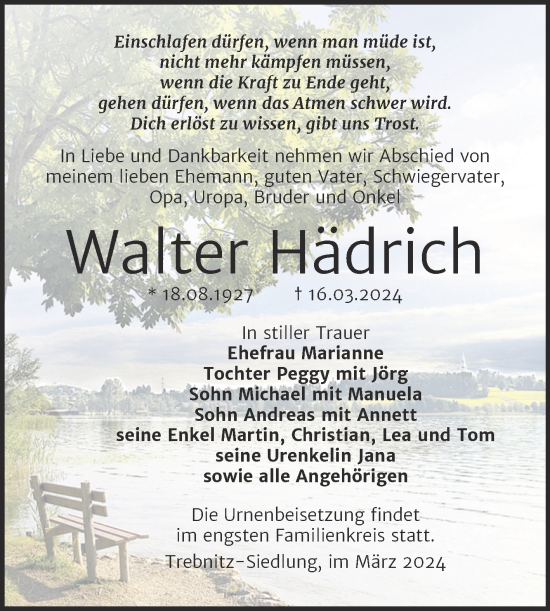 Traueranzeige von Walter Hädrich von Trauerkombi Weißenfels