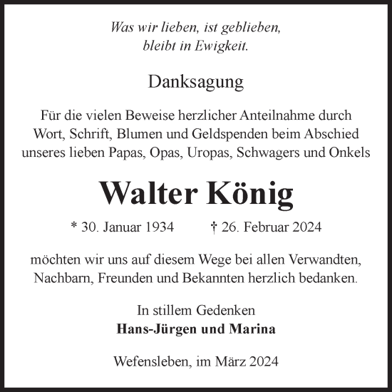 Traueranzeige von Walter König von Volksstimme Oschersleben/Wanzleben