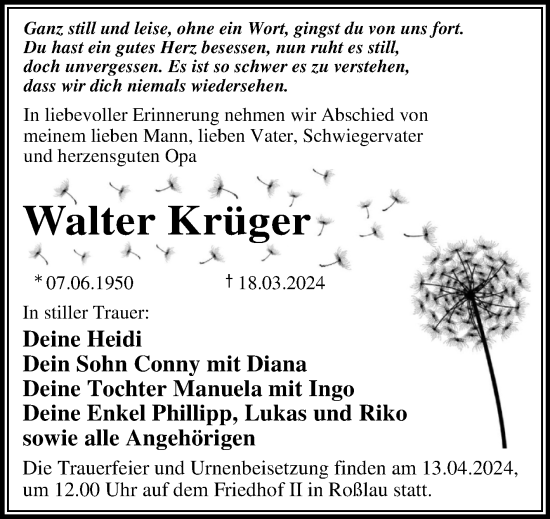 Traueranzeige von Walter Krüger von Trauerkombi Dessau