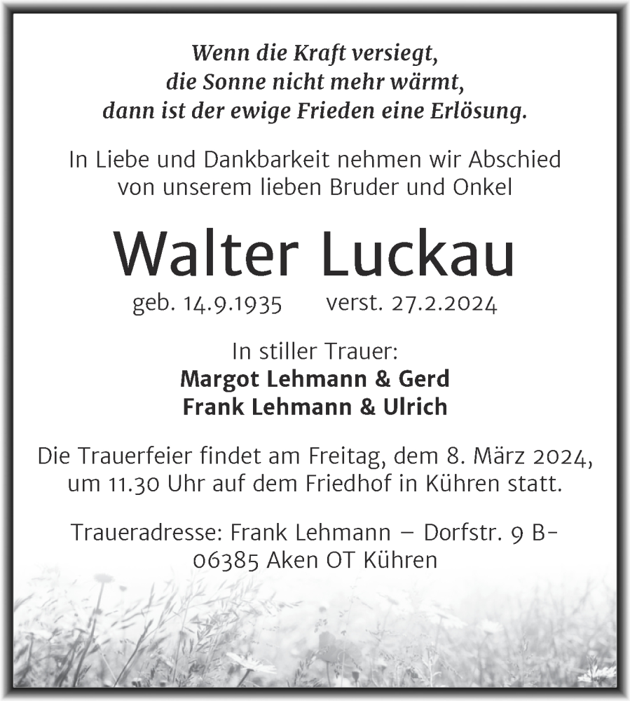  Traueranzeige für Walter Luckau vom 05.03.2024 aus Mitteldeutsche Zeitung Köthen