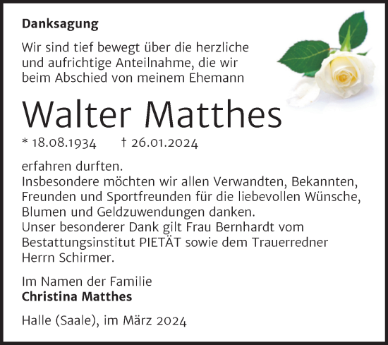 Traueranzeige von Walter Matthes von Mitteldeutsche Zeitung Halle/Saalkreis